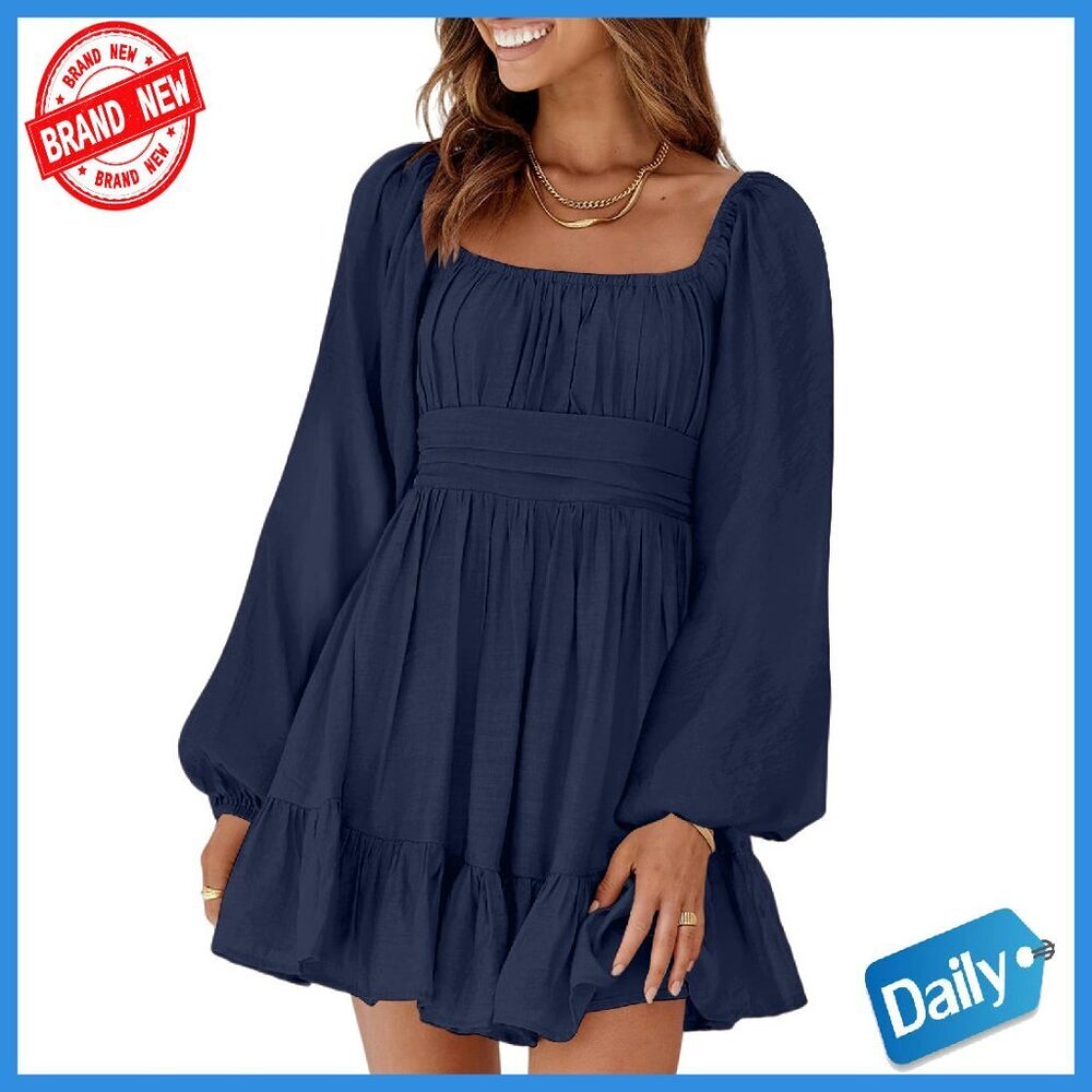 Long Sleeve Square Neck Backless Mini Dress with Elastic Waist